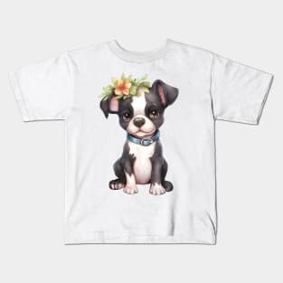 Watercolor Boston Terrier Dog with Head Wreath Kids T-Shirt